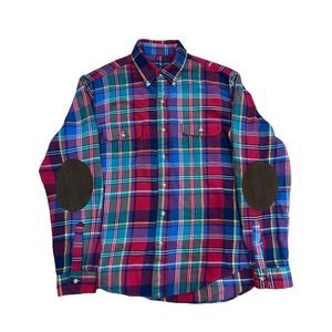 Ralph Lauren Men's Large Button Up Flannel Shirt Elbow Patches Colorful Plaid